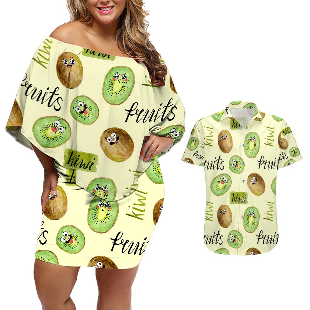 Kiwi Cute Humorous Couples Matching Off Shoulder Short Dress and Hawaiian Shirt New Zealand Fruit DT02 Yellow - Polynesian Pride