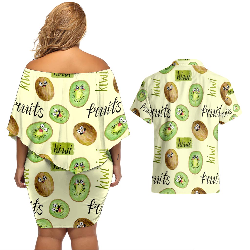 Kiwi Cute Humorous Couples Matching Off Shoulder Short Dress and Hawaiian Shirt New Zealand Fruit DT02 - Polynesian Pride