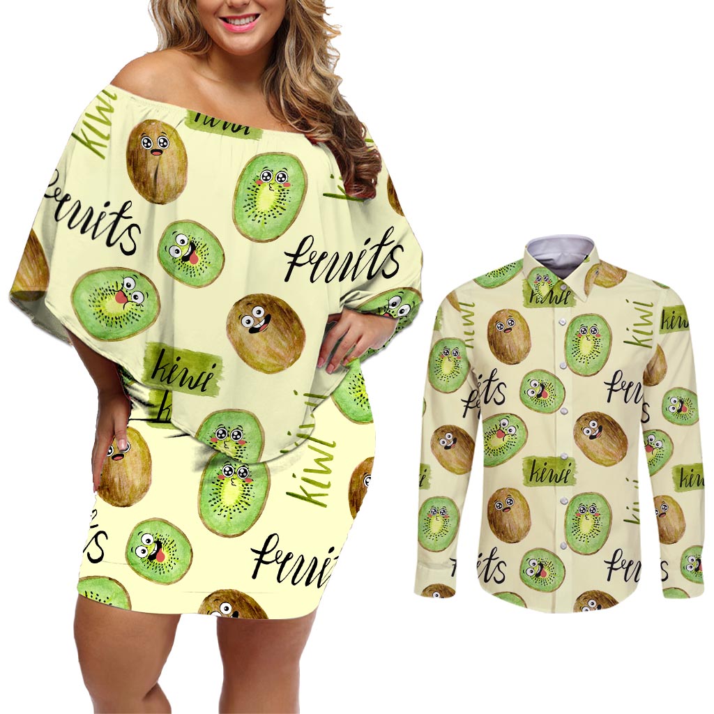 Kiwi Cute Humorous Couples Matching Off Shoulder Short Dress and Long Sleeve Button Shirt New Zealand Fruit DT02 Yellow - Polynesian Pride