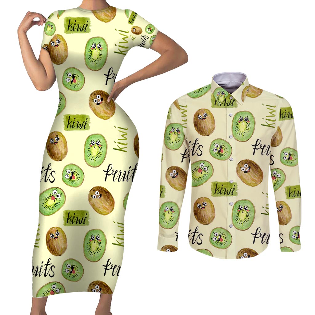 Kiwi Cute Humorous Couples Matching Short Sleeve Bodycon Dress and Long Sleeve Button Shirt New Zealand Fruit DT02 Yellow - Polynesian Pride