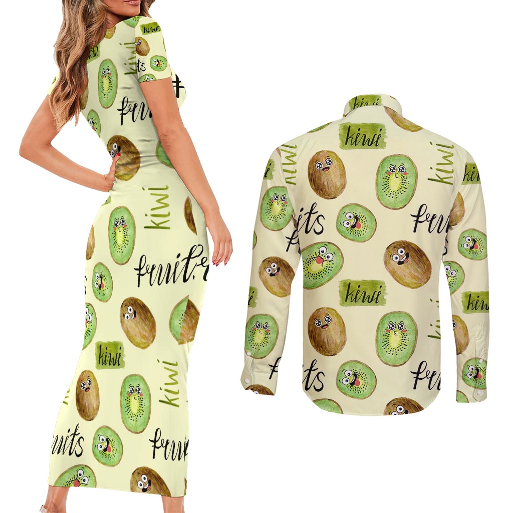 Kiwi Cute Humorous Couples Matching Short Sleeve Bodycon Dress and Long Sleeve Button Shirt New Zealand Fruit DT02 - Polynesian Pride