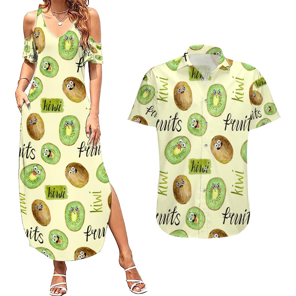 Kiwi Cute Humorous Couples Matching Summer Maxi Dress and Hawaiian Shirt New Zealand Fruit DT02 Yellow - Polynesian Pride