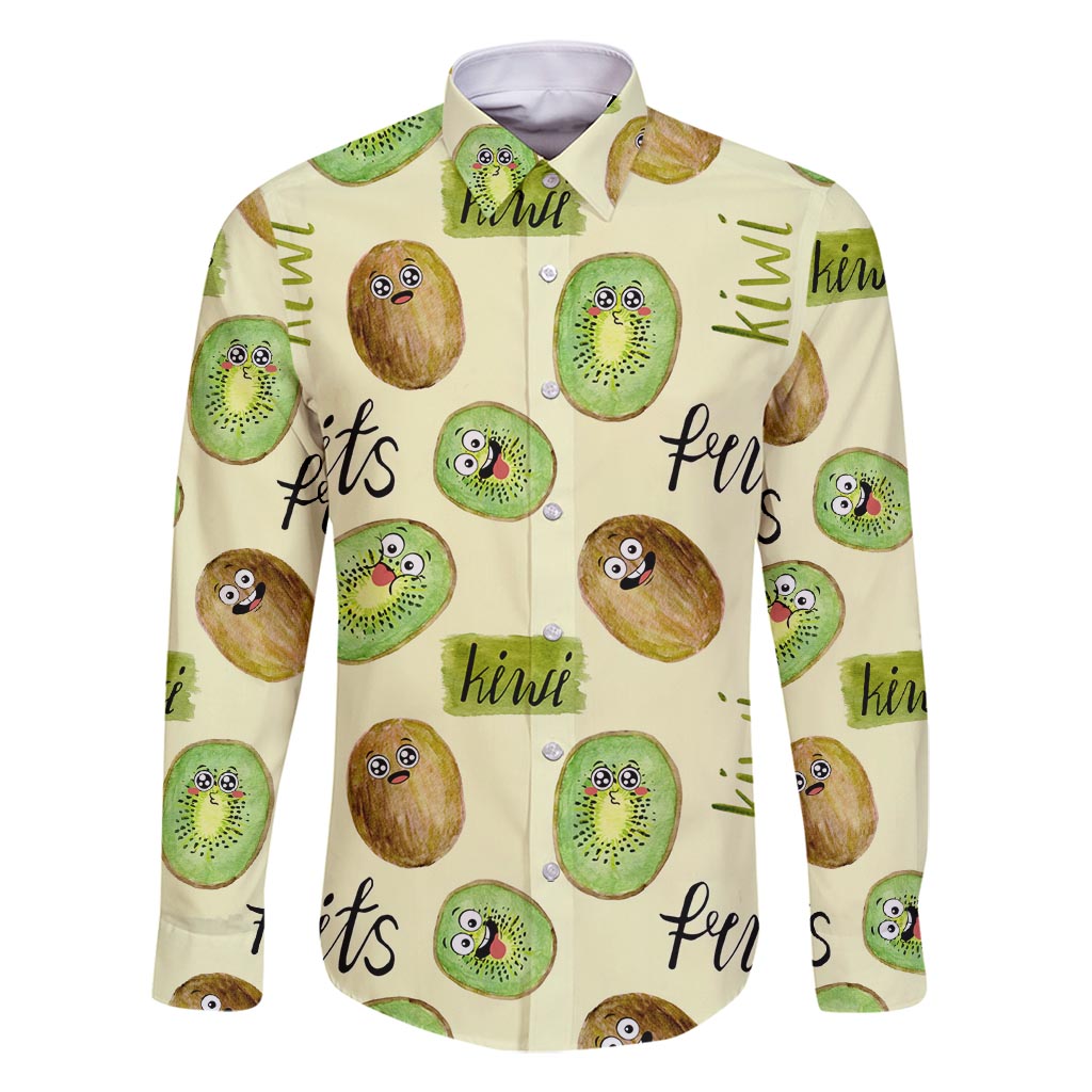 Kiwi Cute Humorous Family Matching Long Sleeve Bodycon Dress and Hawaiian Shirt New Zealand Fruit DT02 Dad's Shirt - Long Sleeve Yellow - Polynesian Pride