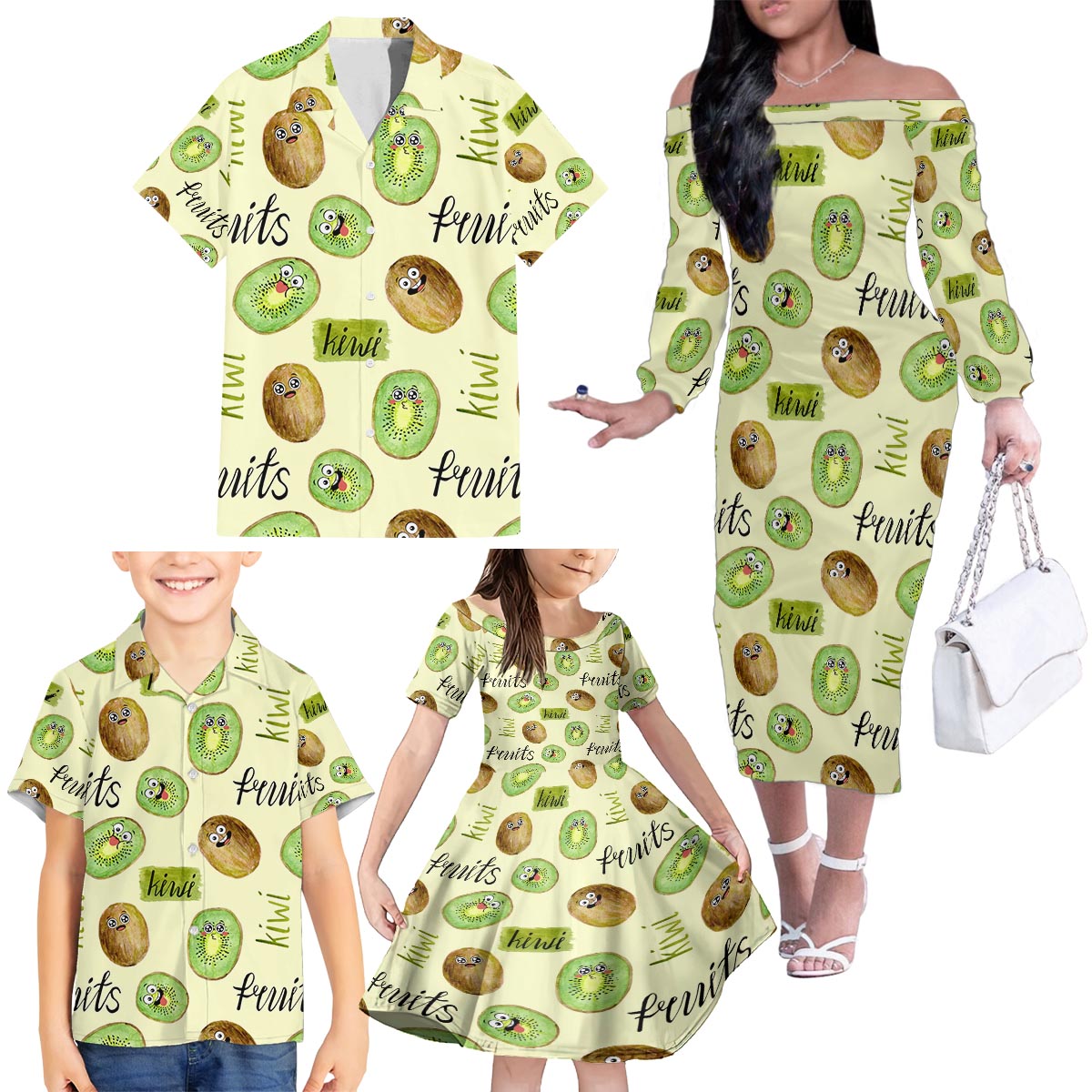 Kiwi Cute Humorous Family Matching Off The Shoulder Long Sleeve Dress and Hawaiian Shirt New Zealand Fruit DT02 - Polynesian Pride
