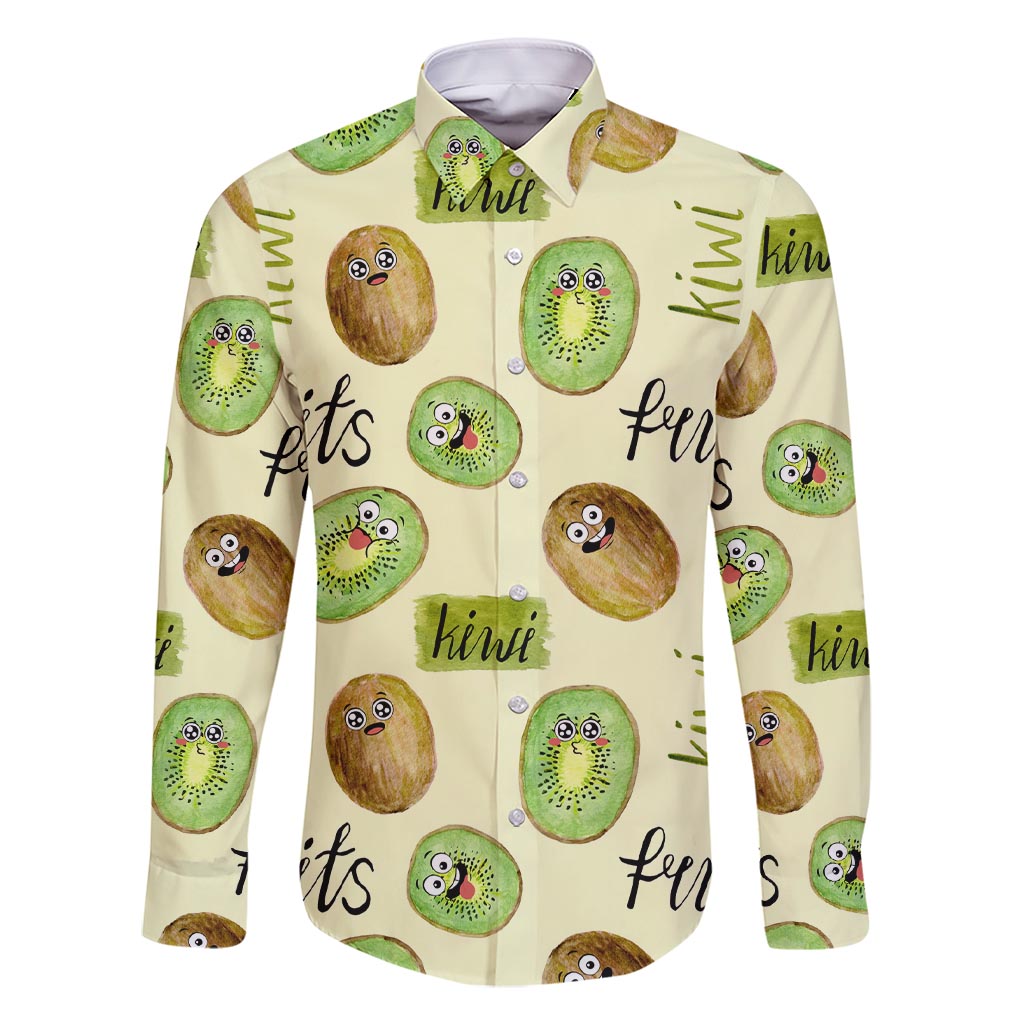 Kiwi Cute Humorous Family Matching Short Sleeve Bodycon Dress and Hawaiian Shirt New Zealand Fruit DT02 Dad's Shirt - Long Sleeve Yellow - Polynesian Pride