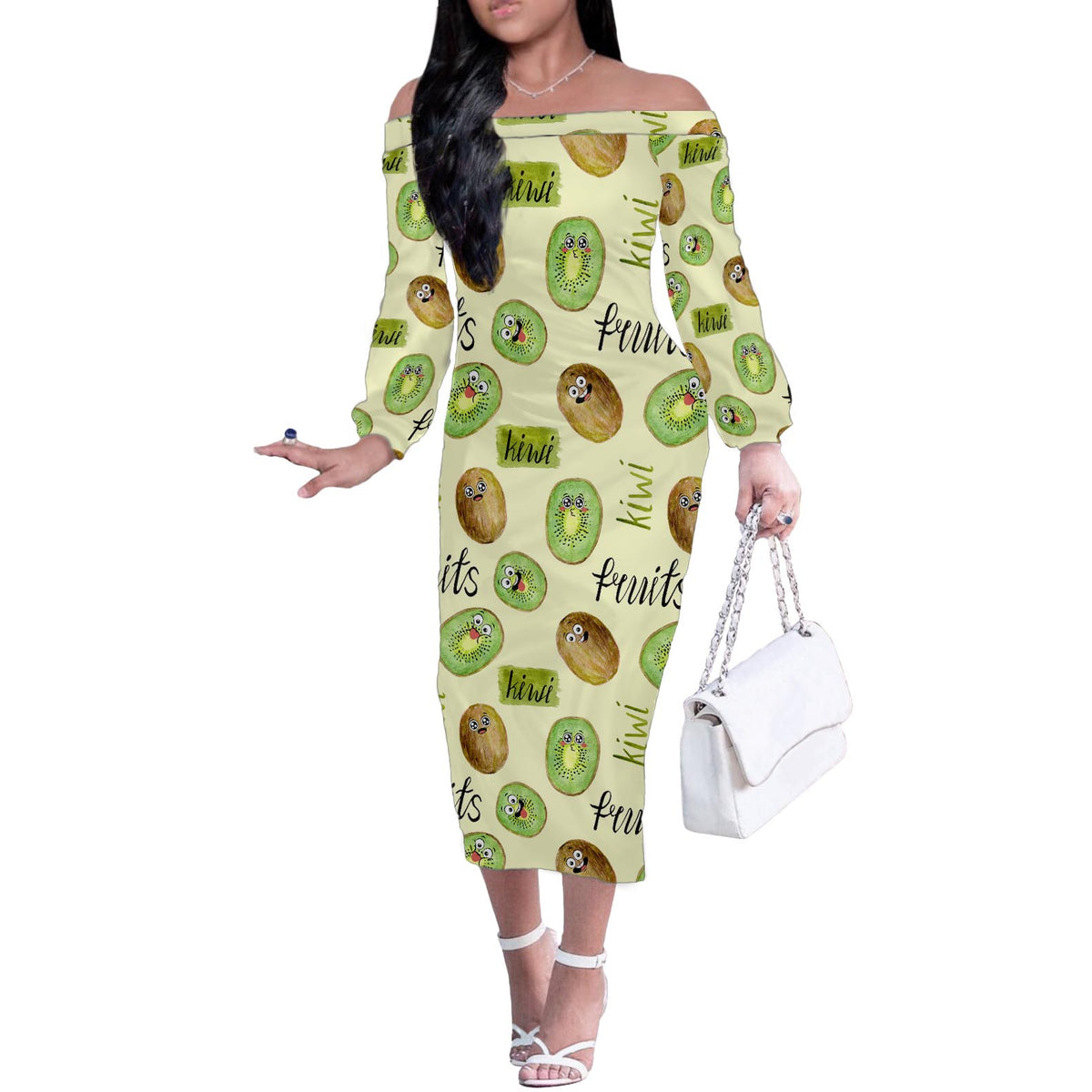 Kiwi Cute Humorous Off The Shoulder Long Sleeve Dress New Zealand Fruit DT02 Women Yellow - Polynesian Pride