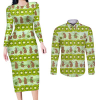 New Zealand Kiwi Fruit Witty Kiwi Bird Couples Matching Long Sleeve Bodycon Dress and Long Sleeve Button Shirt DT02 Green - Polynesian Pride