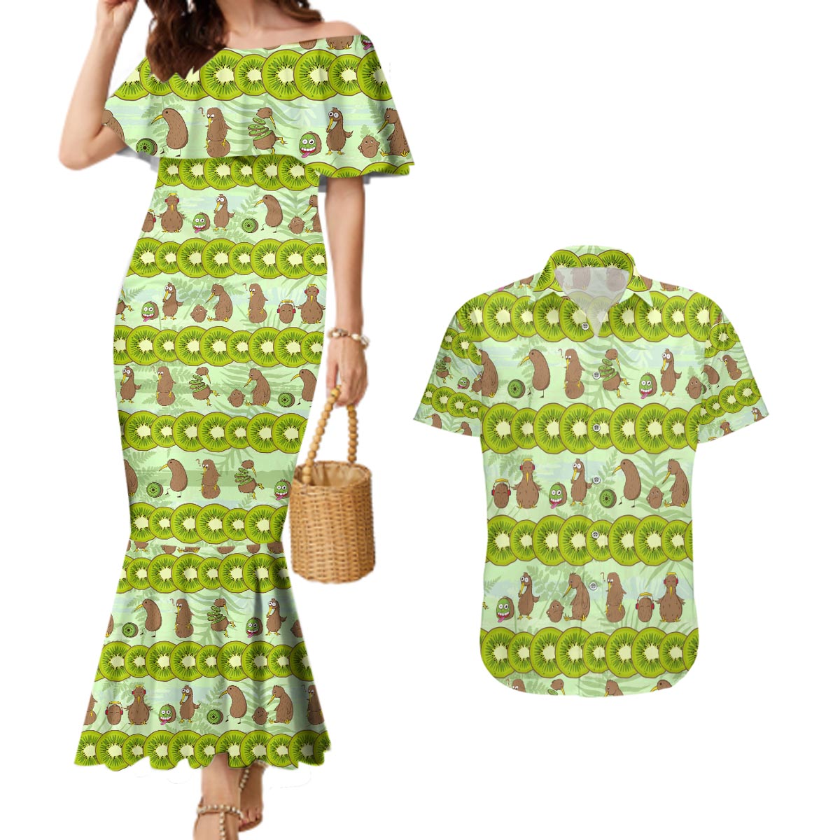 New Zealand Kiwi Fruit Witty Kiwi Bird Couples Matching Mermaid Dress and Hawaiian Shirt DT02 Green - Polynesian Pride