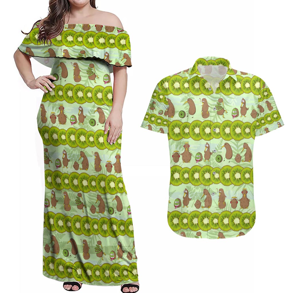 New Zealand Kiwi Fruit Witty Kiwi Bird Couples Matching Off Shoulder Maxi Dress and Hawaiian Shirt DT02 Green - Polynesian Pride