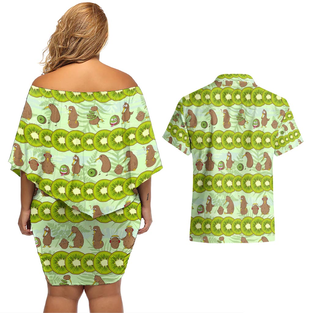 New Zealand Kiwi Fruit Witty Kiwi Bird Couples Matching Off Shoulder Short Dress and Hawaiian Shirt DT02 - Polynesian Pride