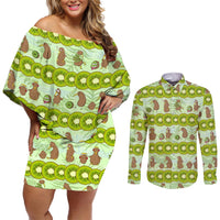 New Zealand Kiwi Fruit Witty Kiwi Bird Couples Matching Off Shoulder Short Dress and Long Sleeve Button Shirt DT02 Green - Polynesian Pride
