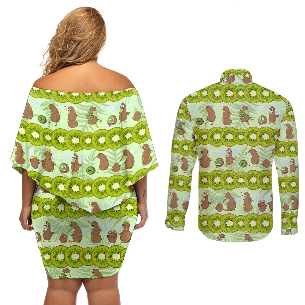 New Zealand Kiwi Fruit Witty Kiwi Bird Couples Matching Off Shoulder Short Dress and Long Sleeve Button Shirt DT02 - Polynesian Pride