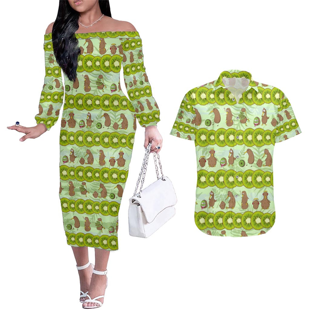 New Zealand Kiwi Fruit Witty Kiwi Bird Couples Matching Off The Shoulder Long Sleeve Dress and Hawaiian Shirt DT02 Green - Polynesian Pride