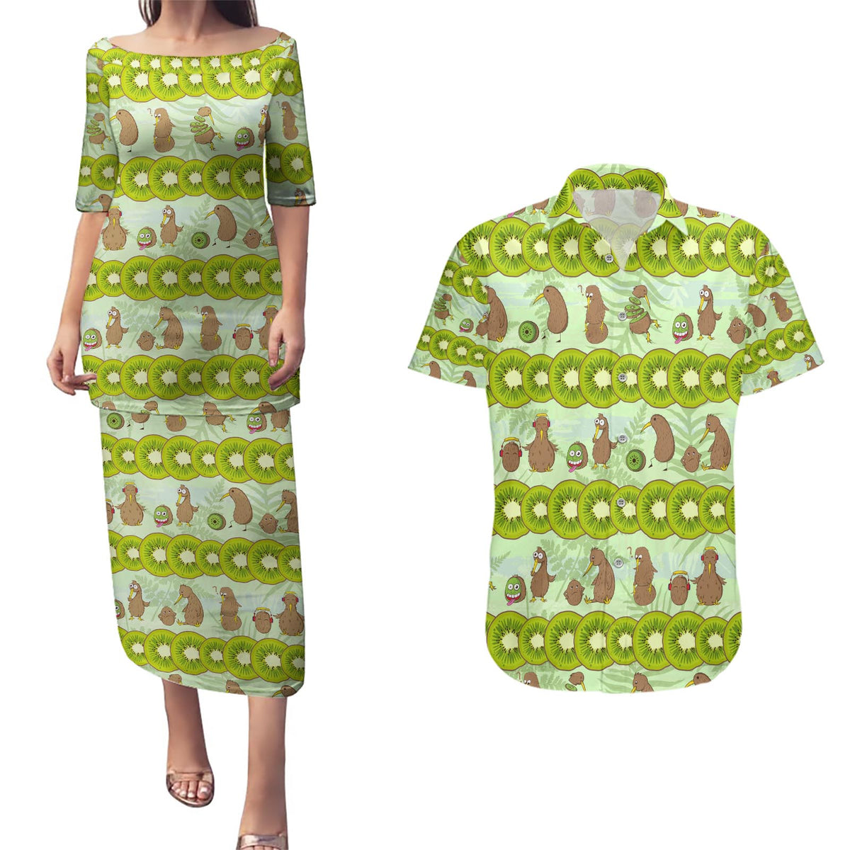 New Zealand Kiwi Fruit Witty Kiwi Bird Couples Matching Puletasi and Hawaiian Shirt DT02 Green - Polynesian Pride