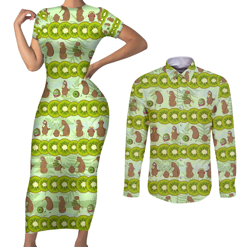 New Zealand Kiwi Fruit Witty Kiwi Bird Couples Matching Short Sleeve Bodycon Dress and Long Sleeve Button Shirt DT02 Green - Polynesian Pride
