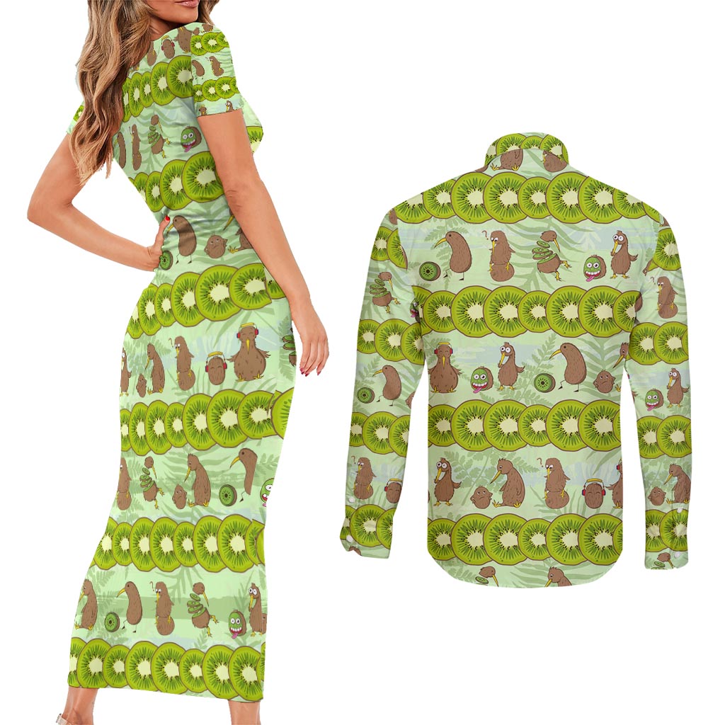 New Zealand Kiwi Fruit Witty Kiwi Bird Couples Matching Short Sleeve Bodycon Dress and Long Sleeve Button Shirt DT02 - Polynesian Pride