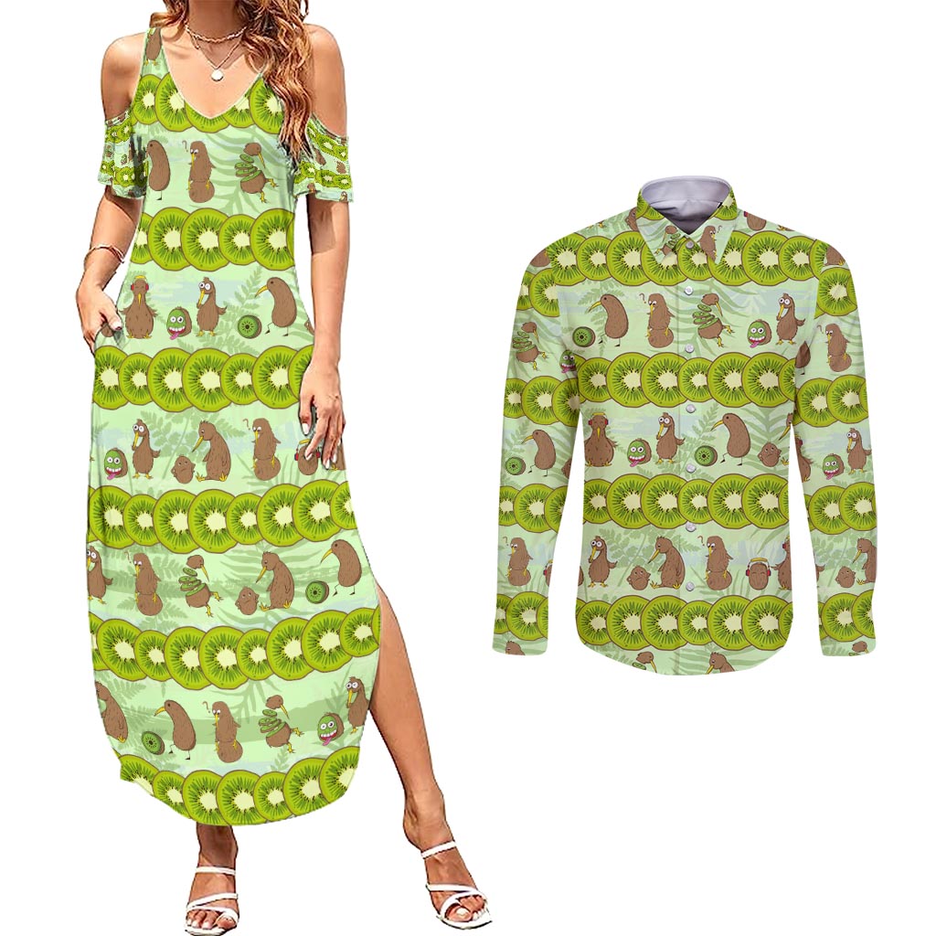 New Zealand Kiwi Fruit Witty Kiwi Bird Couples Matching Summer Maxi Dress and Long Sleeve Button Shirt DT02 Green - Polynesian Pride
