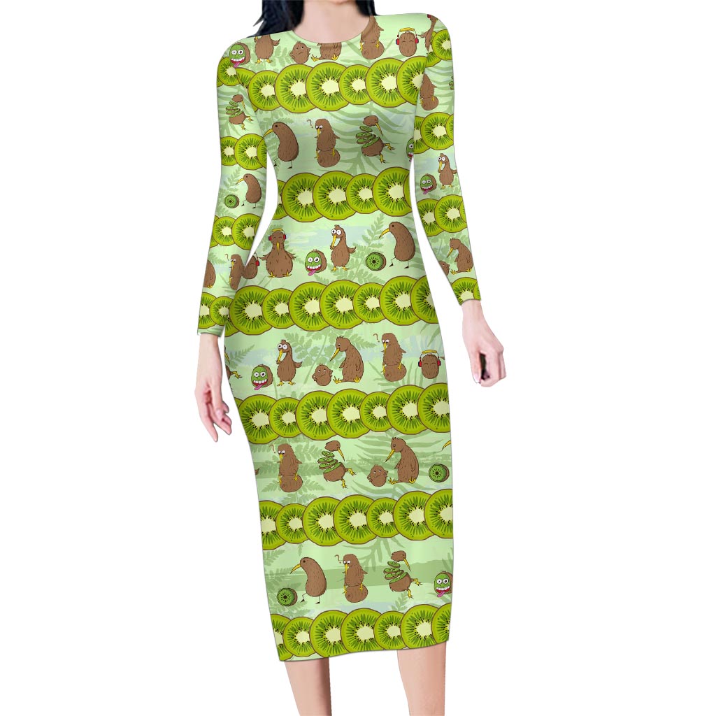 New Zealand Kiwi Fruit Witty Kiwi Bird Family Matching Long Sleeve Bodycon Dress and Hawaiian Shirt DT02 Mom's Dress Green - Polynesian Pride