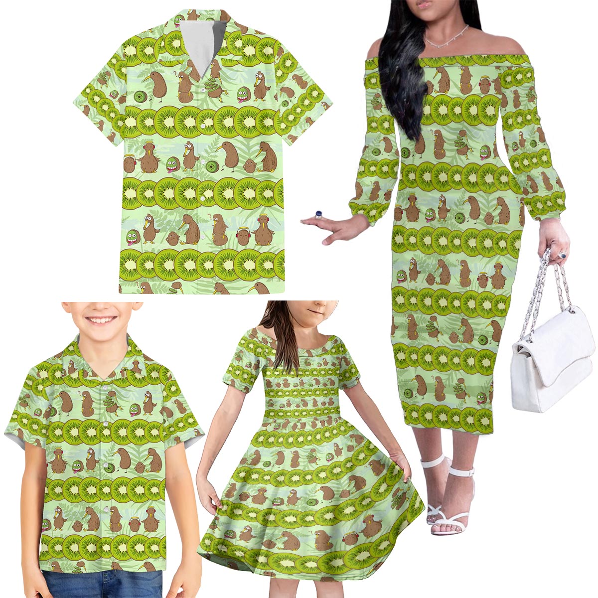 New Zealand Kiwi Fruit Witty Kiwi Bird Family Matching Off The Shoulder Long Sleeve Dress and Hawaiian Shirt DT02 - Polynesian Pride