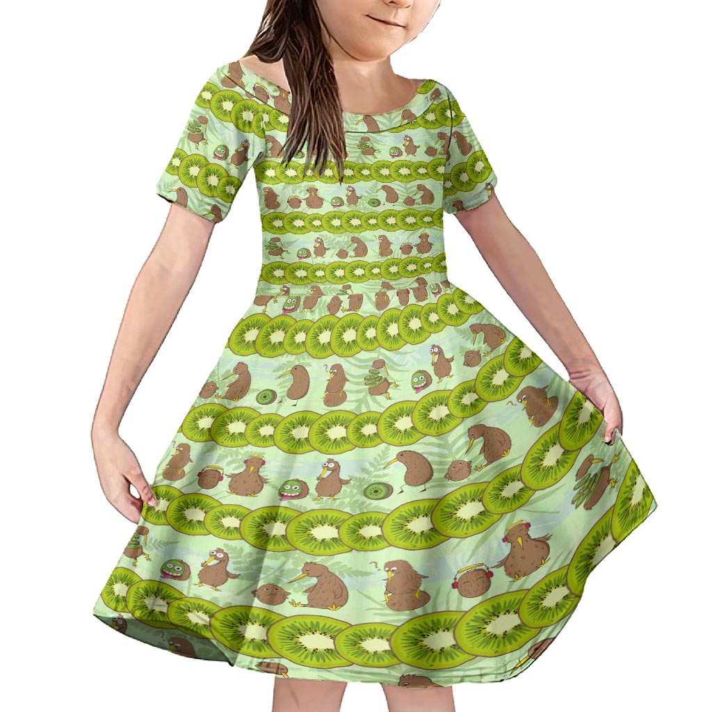 New Zealand Kiwi Fruit Witty Kiwi Bird Family Matching Off Shoulder Maxi Dress and Hawaiian Shirt DT02 Daughter's Dress Green - Polynesian Pride