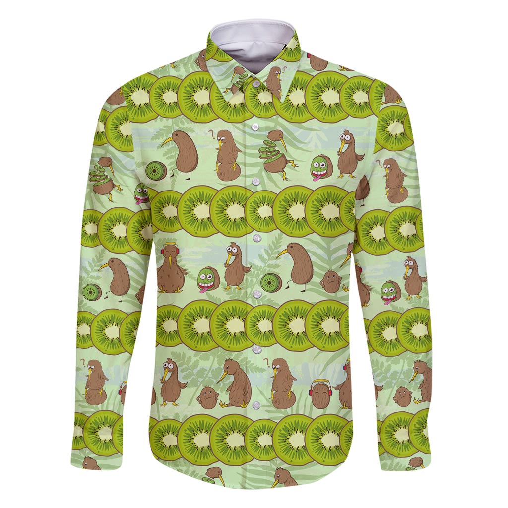 New Zealand Kiwi Fruit Witty Kiwi Bird Family Matching Tank Maxi Dress and Hawaiian Shirt DT02 Dad's Shirt - Long Sleeve Green - Polynesian Pride