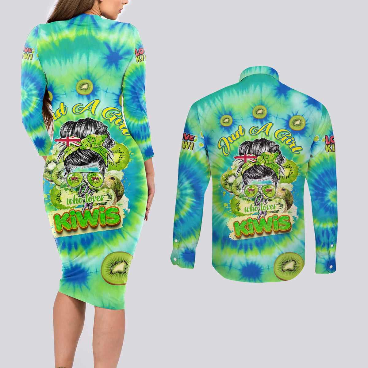 Just a Girl Who Loves Kiwis Couples Matching Long Sleeve Bodycon Dress and Long Sleeve Button Shirt New Zealand Tie Dye DT02 - Polynesian Pride