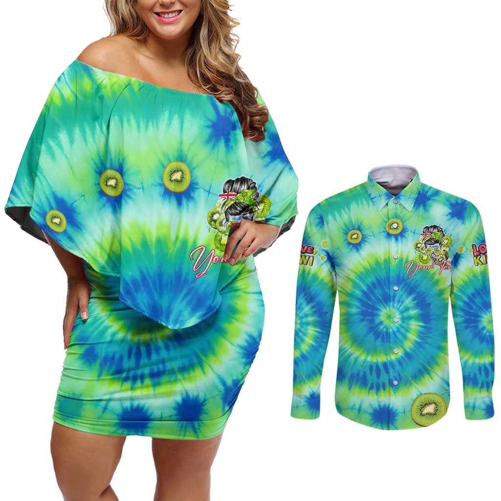 Just a Girl Who Loves Kiwis Couples Matching Off Shoulder Short Dress and Long Sleeve Button Shirt New Zealand Tie Dye DT02 Green - Polynesian Pride