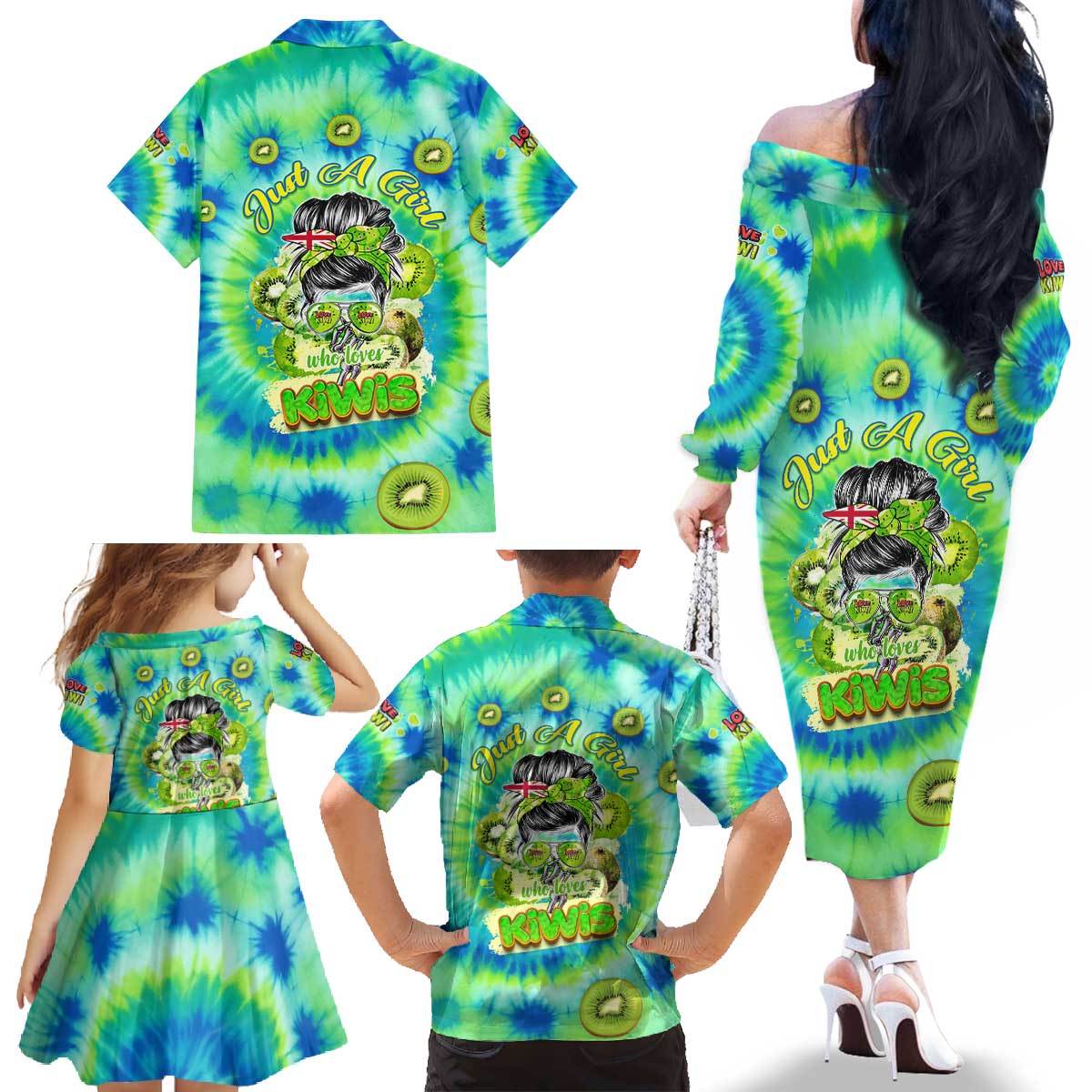 Just a Girl Who Loves Kiwis Family Matching Off The Shoulder Long Sleeve Dress and Hawaiian Shirt New Zealand Tie Dye DT02 - Polynesian Pride