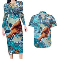 Hand In Hand Father's Day Polynesian Couples Matching Long Sleeve Bodycon Dress and Hawaiian Shirt Tribal Flower Pattern DT02 Blue - Polynesian Pride