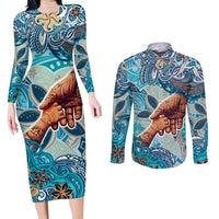 Hand In Hand Father's Day Polynesian Couples Matching Long Sleeve Bodycon Dress and Long Sleeve Button Shirt Tribal Flower Pattern DT02 Blue - Polynesian Pride