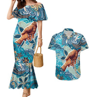 Hand In Hand Father's Day Polynesian Couples Matching Mermaid Dress and Hawaiian Shirt Tribal Flower Pattern DT02 Blue - Polynesian Pride