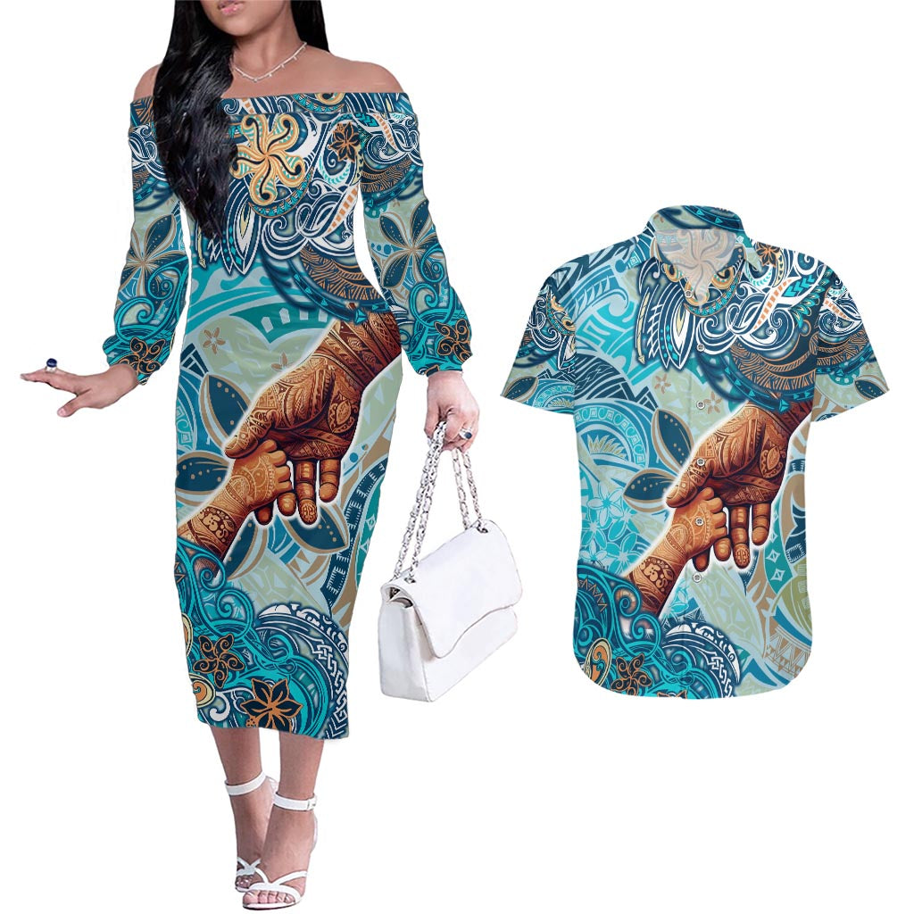 Hand In Hand Father's Day Polynesian Couples Matching Off The Shoulder Long Sleeve Dress and Hawaiian Shirt Tribal Flower Pattern DT02 Blue - Polynesian Pride