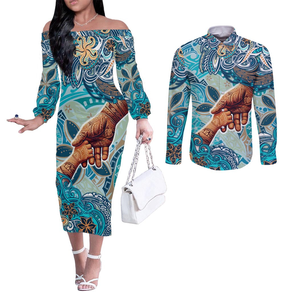 Hand In Hand Father's Day Polynesian Couples Matching Off The Shoulder Long Sleeve Dress and Long Sleeve Button Shirt Tribal Flower Pattern DT02 Blue - Polynesian Pride