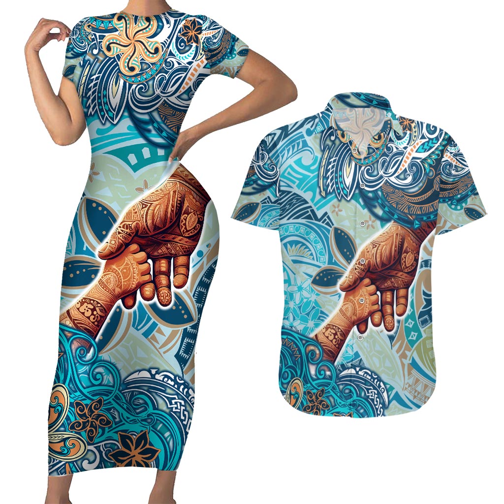 Hand In Hand Father's Day Polynesian Couples Matching Short Sleeve Bodycon Dress and Hawaiian Shirt Tribal Flower Pattern DT02 Blue - Polynesian Pride