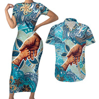 Hand In Hand Father's Day Polynesian Couples Matching Short Sleeve Bodycon Dress and Hawaiian Shirt Tribal Flower Pattern DT02 Blue - Polynesian Pride