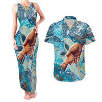 Hand In Hand Father's Day Polynesian Couples Matching Tank Maxi Dress and Hawaiian Shirt Tribal Flower Pattern DT02 Blue - Polynesian Pride