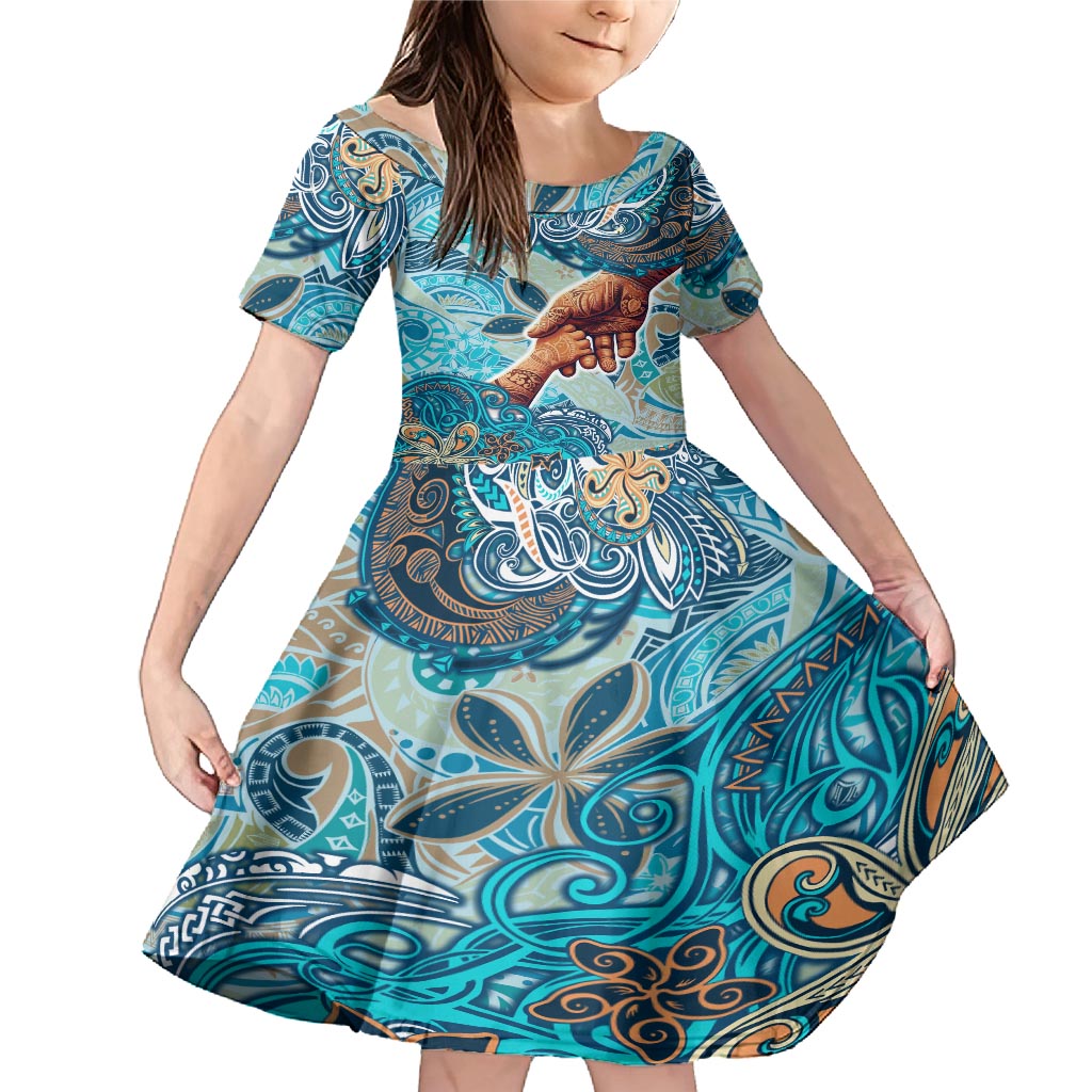 Hand In Hand Father's Day Polynesian Family Matching Mermaid Dress and Hawaiian Shirt Tribal Flower Pattern DT02 Daughter's Dress Blue - Polynesian Pride