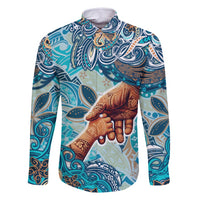 Hand In Hand Father's Day Polynesian Family Matching Mermaid Dress and Hawaiian Shirt Tribal Flower Pattern DT02 Dad's Shirt - Long Sleeve Blue - Polynesian Pride