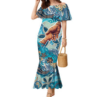 Hand In Hand Father's Day Polynesian Family Matching Mermaid Dress and Hawaiian Shirt Tribal Flower Pattern DT02 Mom's Dress Blue - Polynesian Pride