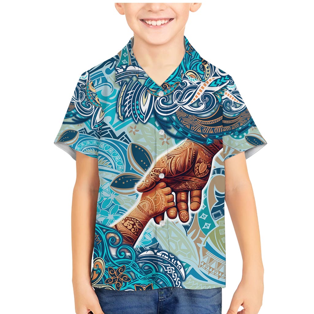 Hand In Hand Father's Day Polynesian Family Matching Mermaid Dress and Hawaiian Shirt Tribal Flower Pattern DT02 Son's Shirt Blue - Polynesian Pride