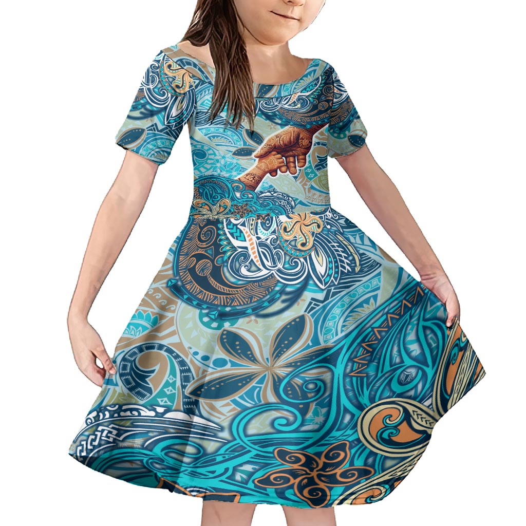 Hand In Hand Father's Day Polynesian Family Matching Off Shoulder Maxi Dress and Hawaiian Shirt Tribal Flower Pattern DT02 Daughter's Dress Blue - Polynesian Pride