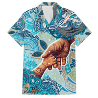 Hand In Hand Father's Day Polynesian Family Matching Off Shoulder Maxi Dress and Hawaiian Shirt Tribal Flower Pattern DT02 Dad's Shirt - Short Sleeve Blue - Polynesian Pride
