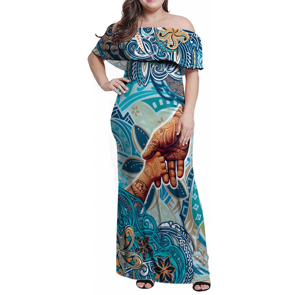 Hand In Hand Father's Day Polynesian Family Matching Off Shoulder Maxi Dress and Hawaiian Shirt Tribal Flower Pattern DT02 Mom's Dress Blue - Polynesian Pride
