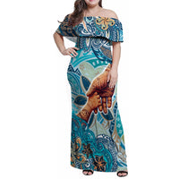 Hand In Hand Father's Day Polynesian Family Matching Off Shoulder Maxi Dress and Hawaiian Shirt Tribal Flower Pattern DT02 Mom's Dress Blue - Polynesian Pride