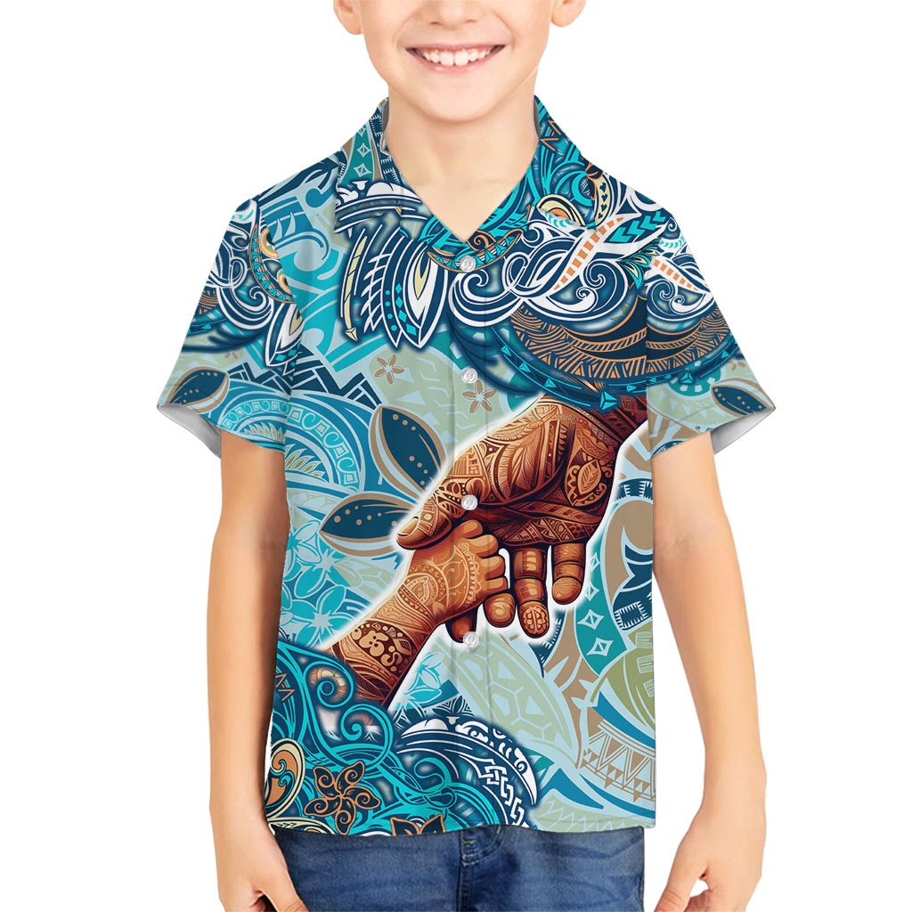 Hand In Hand Father's Day Polynesian Family Matching Off Shoulder Maxi Dress and Hawaiian Shirt Tribal Flower Pattern DT02 Son's Shirt Blue - Polynesian Pride