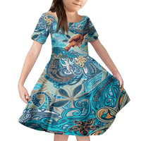 Hand In Hand Father's Day Polynesian Family Matching Puletasi and Hawaiian Shirt Tribal Flower Pattern DT02 Daughter's Dress Blue - Polynesian Pride