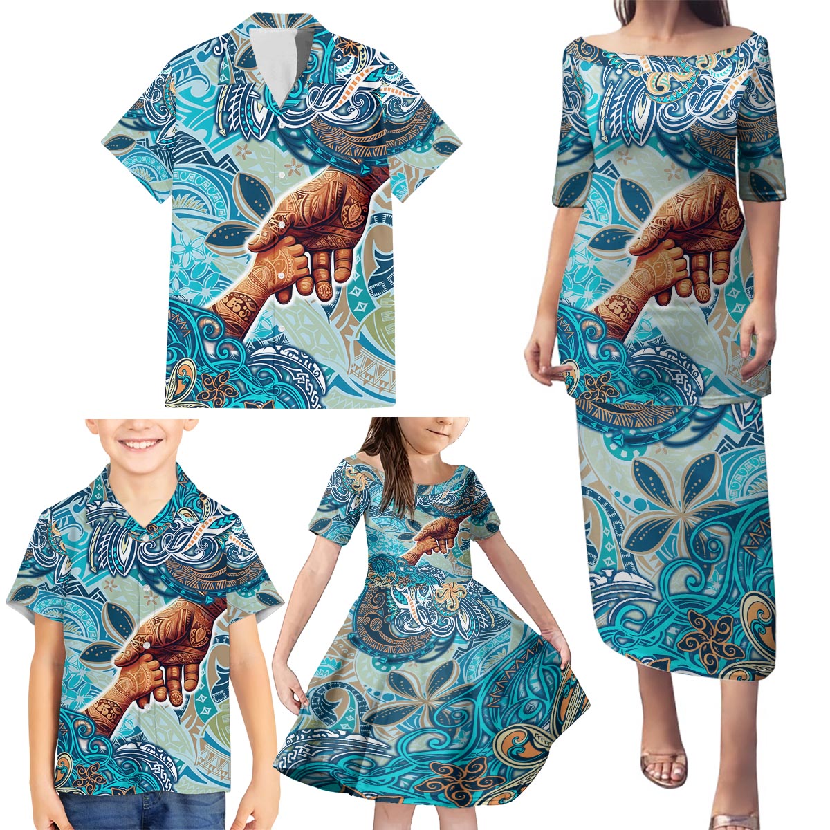 Hand In Hand Father's Day Polynesian Family Matching Puletasi and Hawaiian Shirt Tribal Flower Pattern DT02 - Polynesian Pride