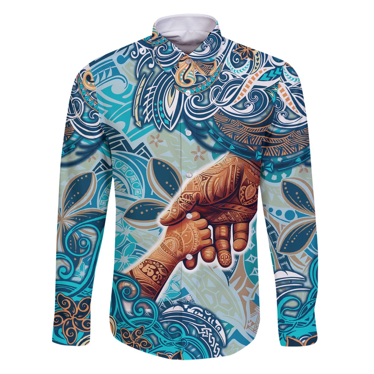 Hand In Hand Father's Day Polynesian Family Matching Puletasi and Hawaiian Shirt Tribal Flower Pattern DT02 Dad's Shirt - Long Sleeve Blue - Polynesian Pride
