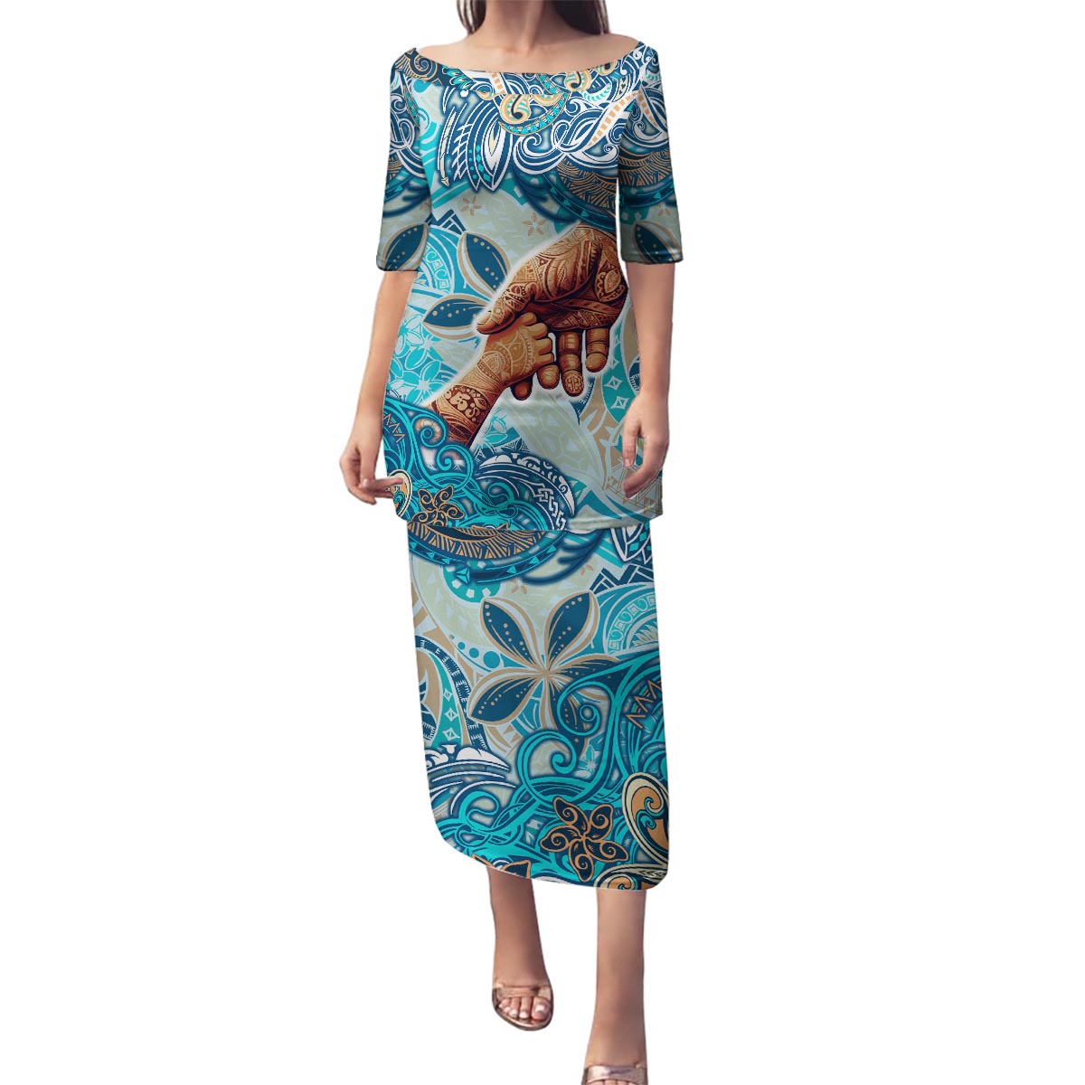 Hand In Hand Father's Day Polynesian Family Matching Puletasi and Hawaiian Shirt Tribal Flower Pattern DT02 Mom's Dress Blue - Polynesian Pride