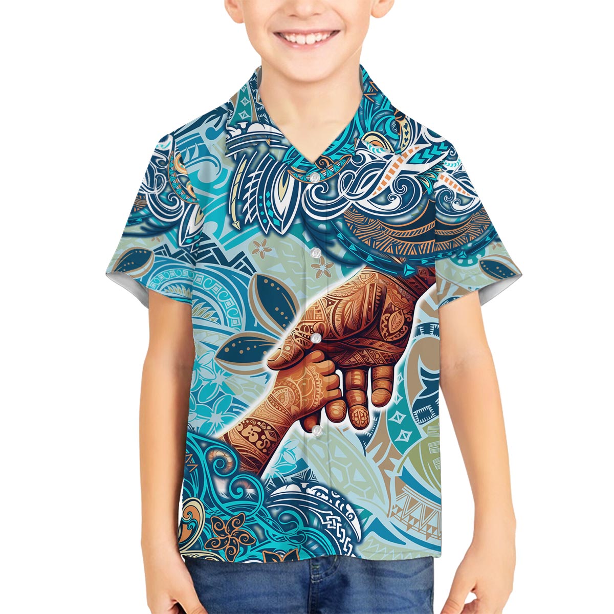 Hand In Hand Father's Day Polynesian Family Matching Puletasi and Hawaiian Shirt Tribal Flower Pattern DT02 Son's Shirt Blue - Polynesian Pride